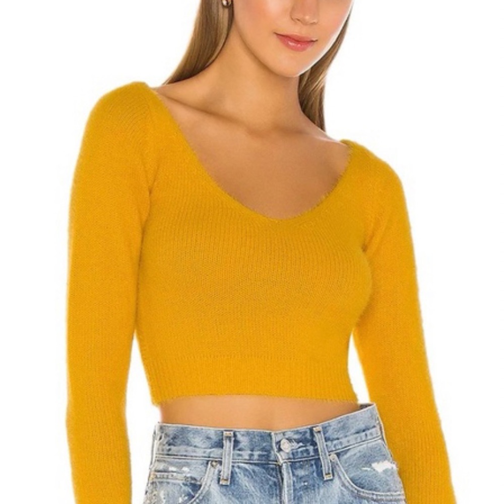Superdown Mustard Yellow Cropped Fuzzy Sweater